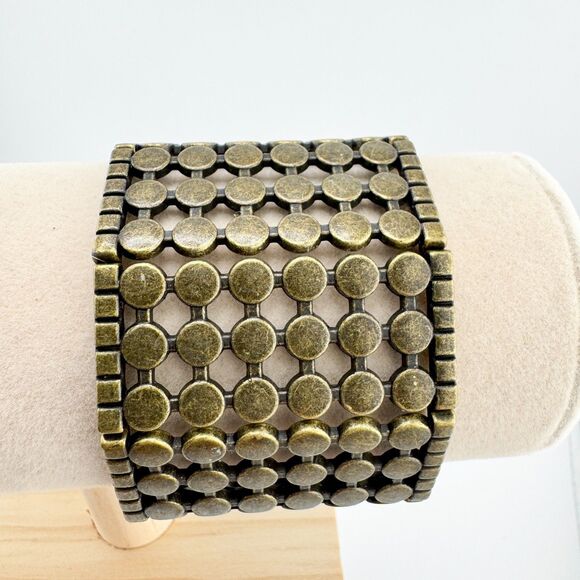 Vintage Bronze Tone Stretch Bracelet Wide Geometric Dot Panel Boho Hero Retro - Picture 5 of 7